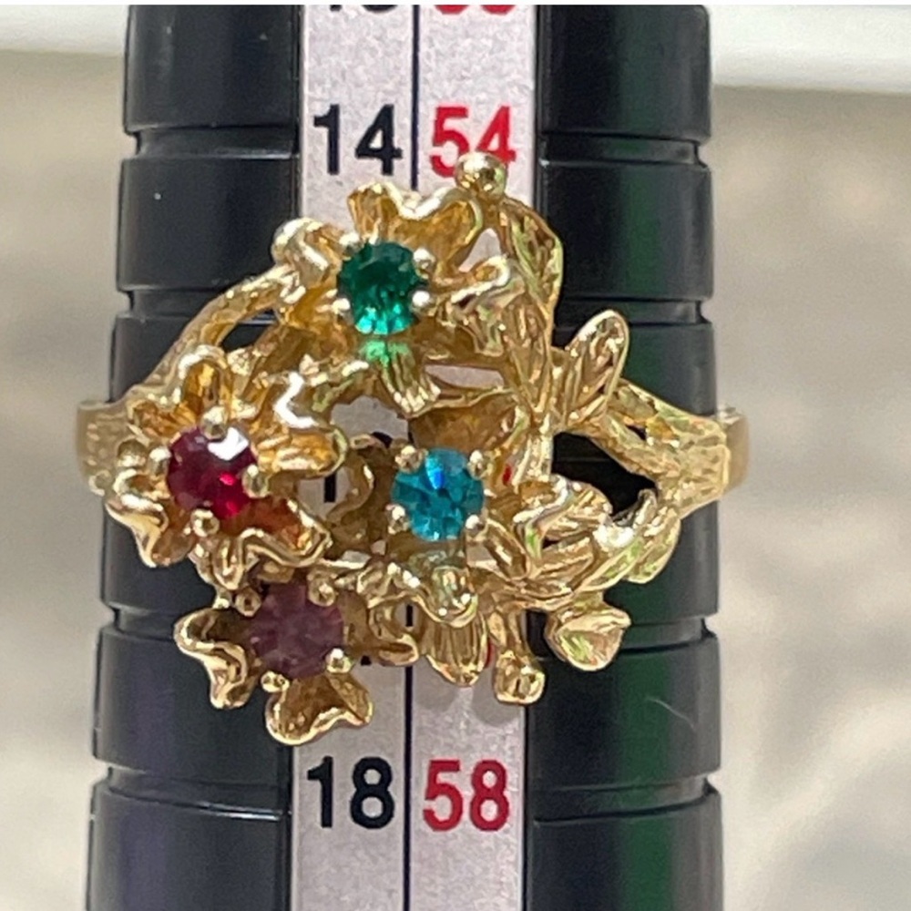 Vintage Gold plated Leaf Multi simulated Cluster Birthstone Size 7.75 retro Y2K